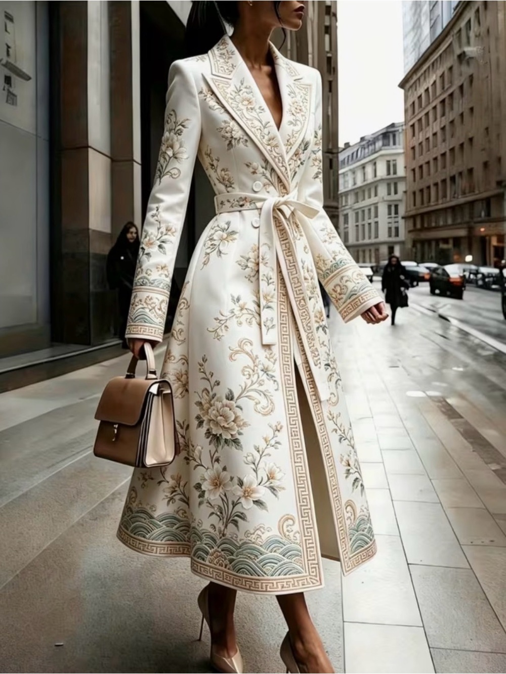 Cream Floral Embroidered Long Sleeve Wrap Dress Coat
